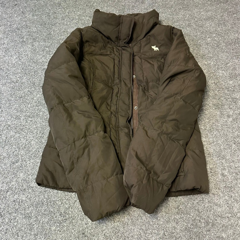 Abercrombie Puffer Jacket Womens XL Brown Quilted Full Zip Mock Neck Logo Padded